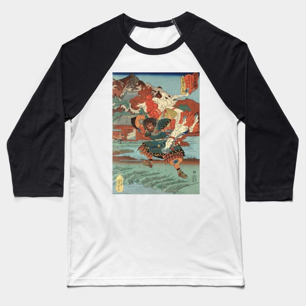 Powerful Samurai Lifting Horse - Old Japanese Ukiyo-e Woodblock Print Art Baseball T-Shirt by Click Here For More